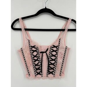 Victorias Secret Dream Angels Pink Lace Corset Top Black Ribbon Lace Up Medium